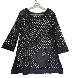 Kaktus Black Large Open Knit Crochet Tunic Top Patch Pocket Swimsuit Coverup